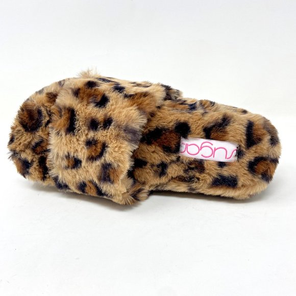 Sugar Wryde Leopard Brown Platform Womens Fluffy Slip On Slipper Warm Sandals - Picture 4 of 5